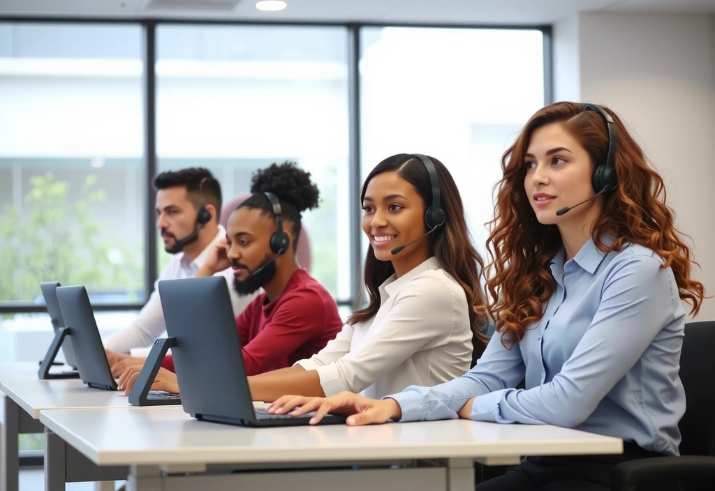Imagine cu un call center modern cu operatori prietenoși, simbolizând suportul dedicat clienților