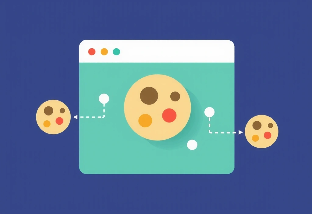 Ilustrație cu un browser web și iconițe de cookie-uri