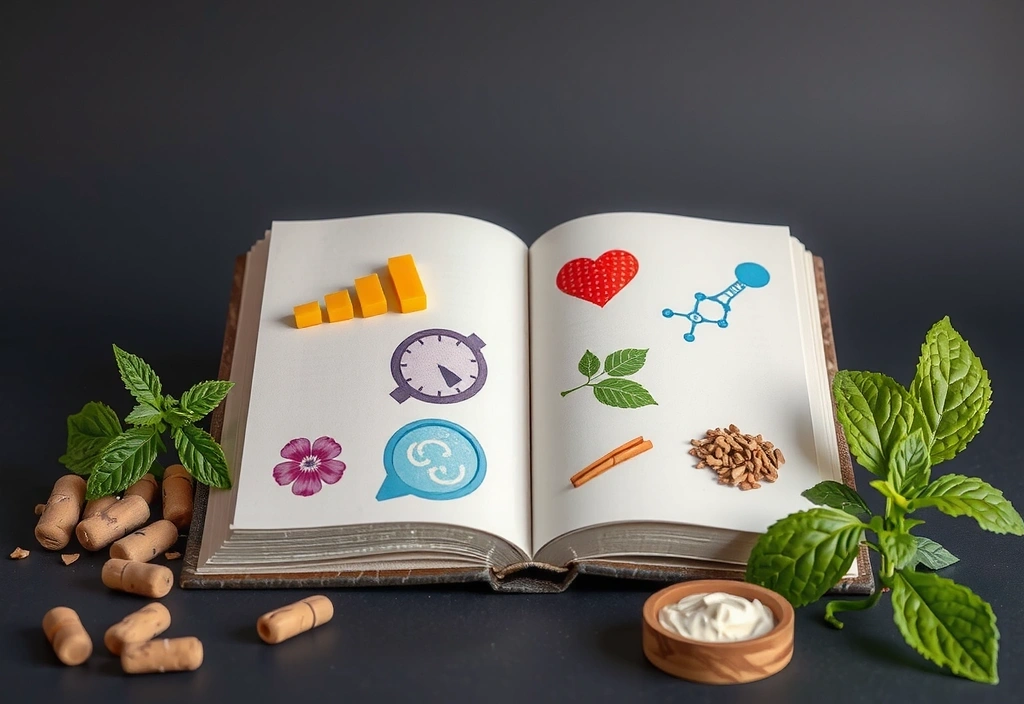 O carte deschisă cu simboluri medicale și de cercetare, înconjurată de plante medicinale