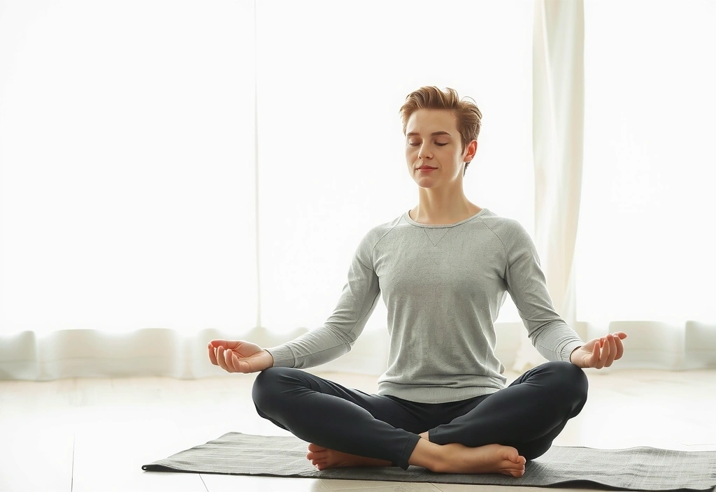 Persoană meditând într-un cadru liniștit, cu o expresie calmă