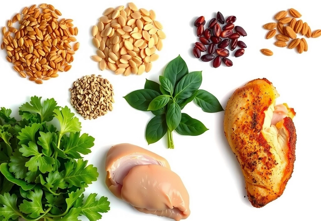 Cereale integrale, legume verzi și carne, reprezentând surse de Vitamina B
