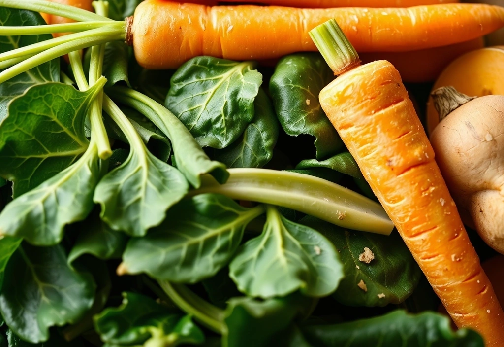 Morcovi, cartofi dulci și verdețuri, reprezentând surse de Vitamina A