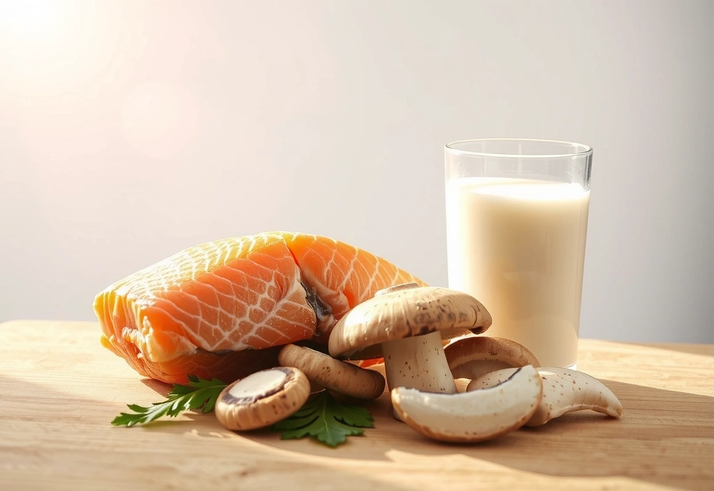 Soare strălucitor, pește gras și ciuperci, reprezentând surse de Vitamina D